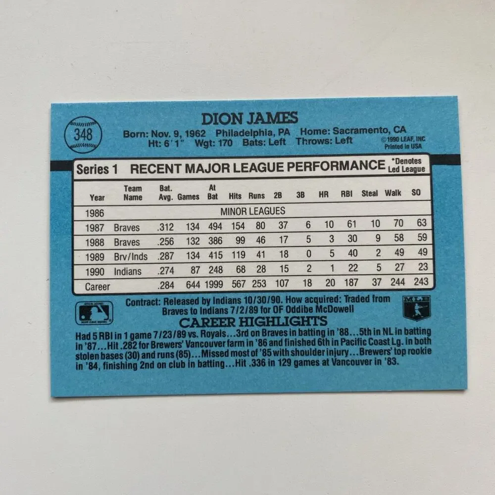 Donruss '91 Dion James (Indians) - Near Mint Baseball Card - Error Card No Dot